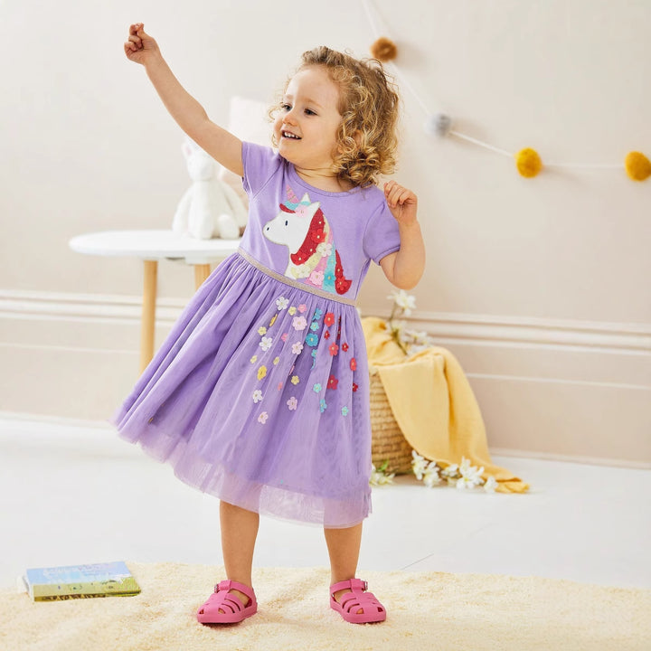 Girls Tulle Dress with Colorful Unicorn and Flower Appliqués Mune Fashion