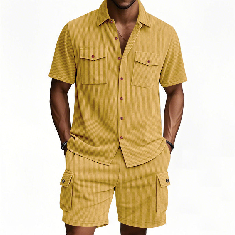 Men's structured short-sleeve shirt and bermuda set with flap pockets and elastic waistband Mune Fashion
