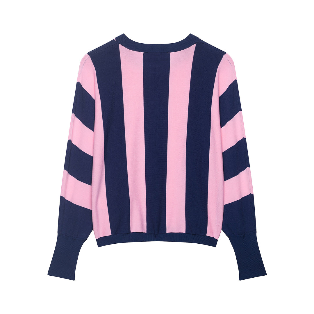 Women's Oversized Knit Sweater with Wide Stripes, Round Neckline and Extended Ribbed Sleeves Mune Fashion