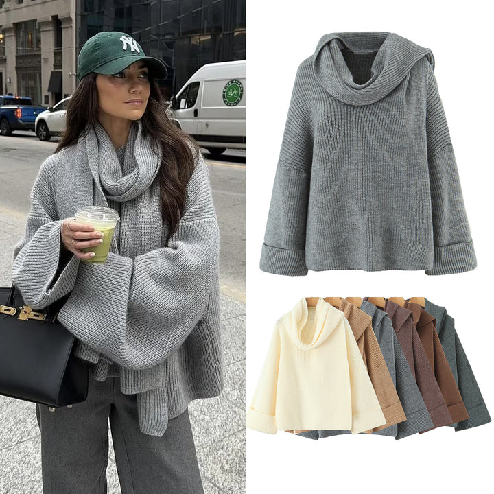 Women's Boxy-Cropped Chunky Knit Pullover with Voluminous Shawl Collar Mune Fashion
