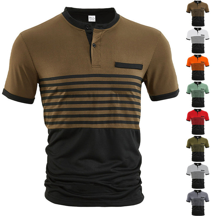 Men's short-sleeved Henley top with short button placket, chest piping, and block stripes Mune Fashion