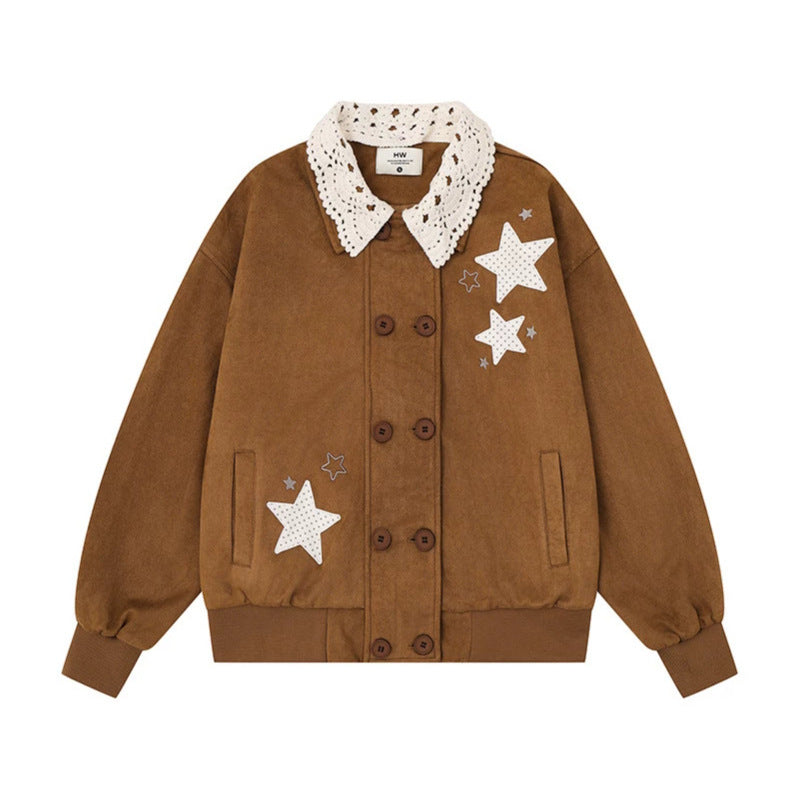 Women's buttoned oversized sweat jacket with crocheted collar and star appliqués Mune Fashion