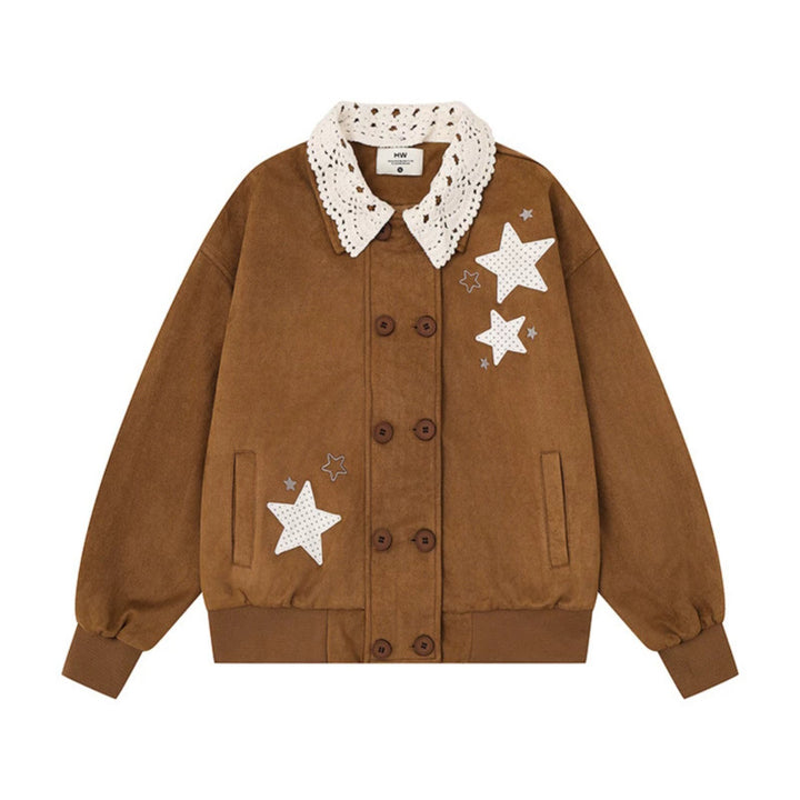 Women's buttoned oversized sweat jacket with crocheted collar and star appliqués Mune Fashion