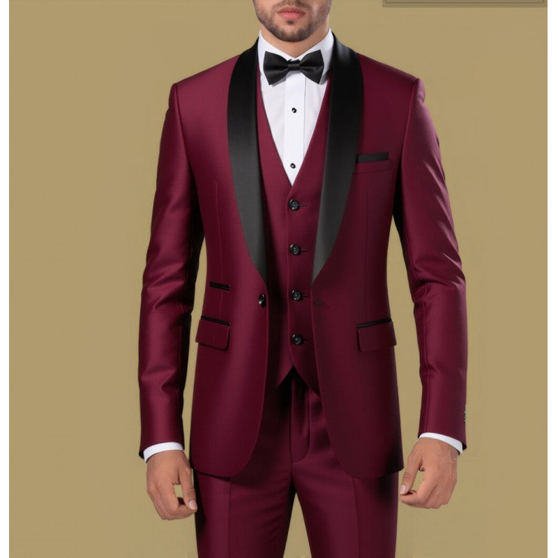 Men's Tailored Three-Piece Tuxedo with Shawl Collar and Satin Lapel Mune Fashion