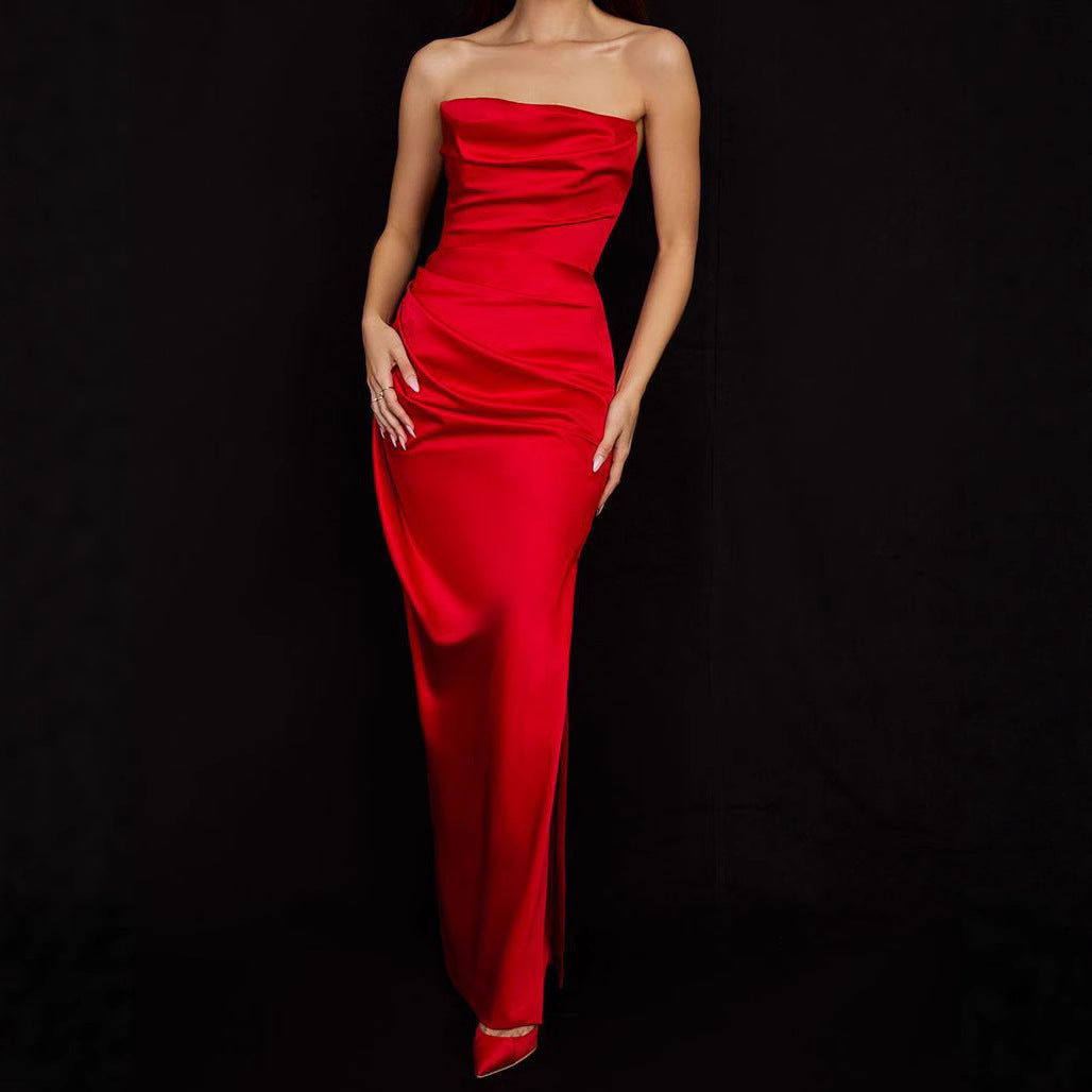 Women's strapless evening dress with draped bustier and slim column silhouette Mune Fashion