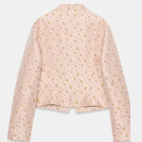 Women's Cropped Military Blouson with Mandarin Collar, Decorative Cords and Floral Woven Texture Mune Fashion