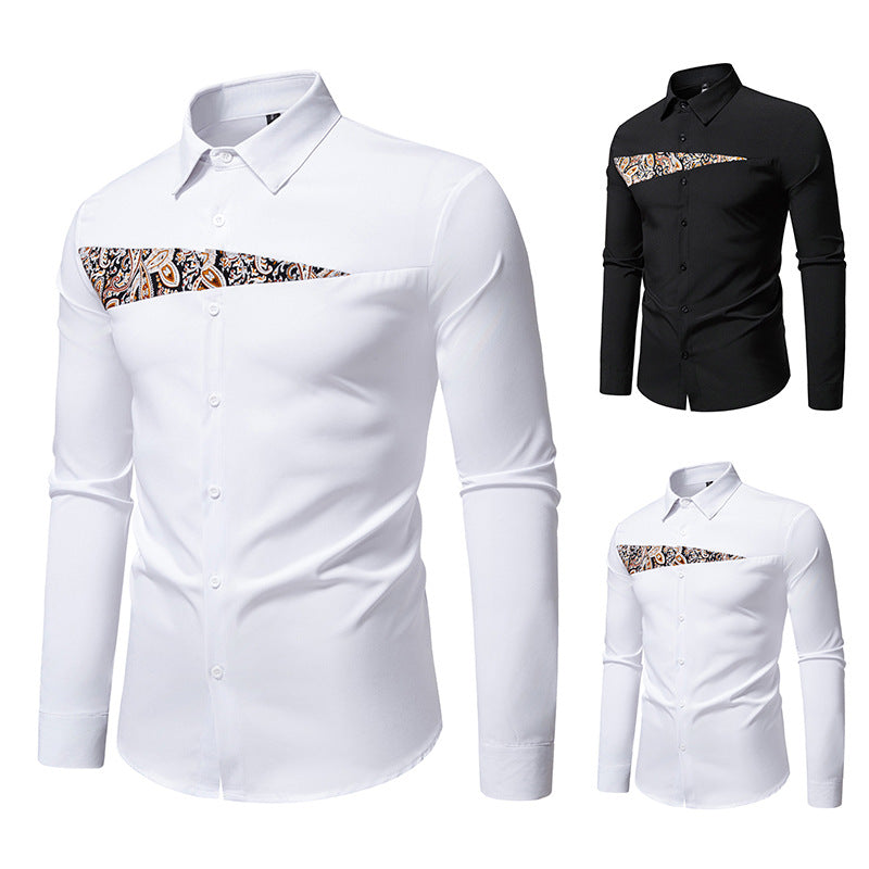 Men's Slim-Fit Business Shirt with Paisley Chest Insert and Kent Collar Mune Fashion