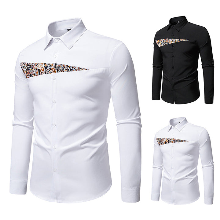 Men's Slim-Fit Business Shirt with Paisley Chest Insert and Kent Collar Mune Fashion