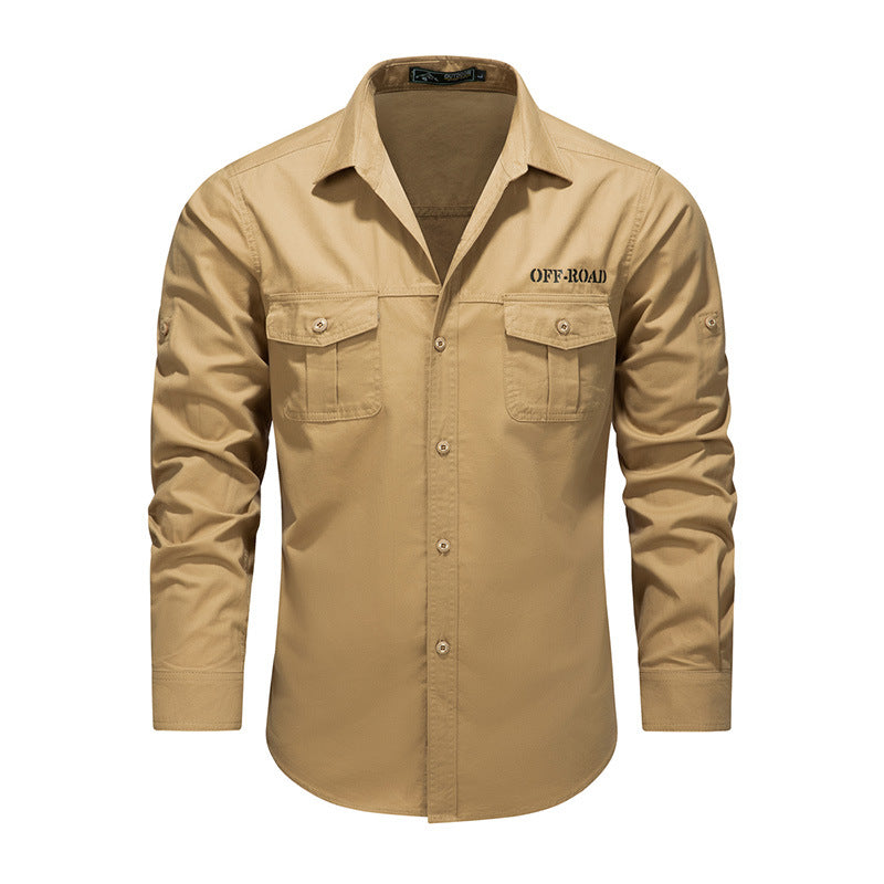 Men's Long Sleeve Utility Shirt made of Cotton Blend with Double Chest Pockets and Roll-Up Sleeves Mune Fashion