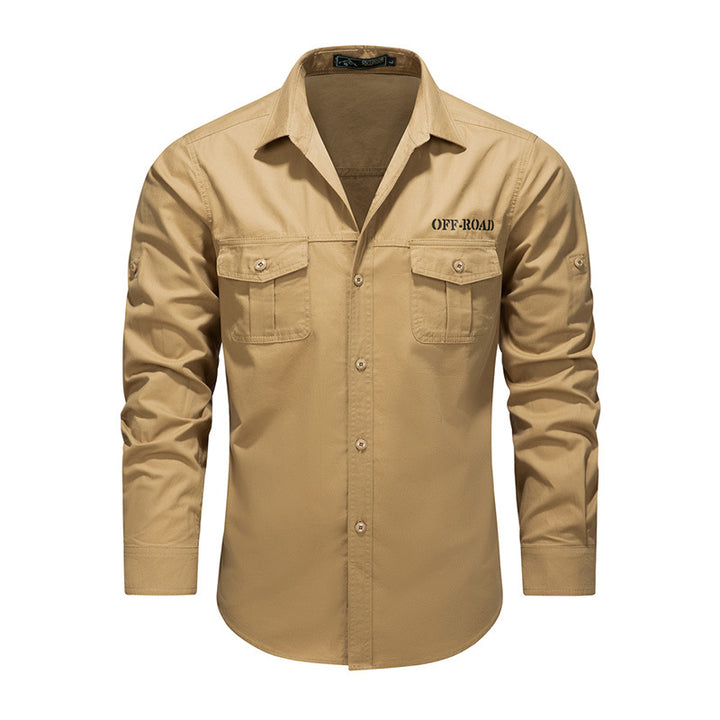 Men's Long Sleeve Utility Shirt made of Cotton Blend with Double Chest Pockets and Roll-Up Sleeves Mune Fashion