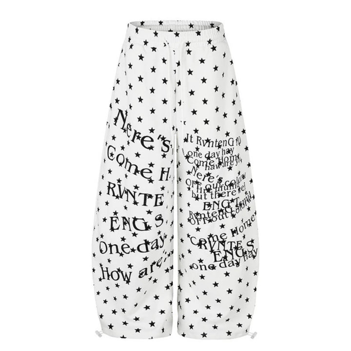 Women's Wide Palazzo Lounge Pants with Allover Stars, Drawstring Waistband and Typographic Print Mune Fashion