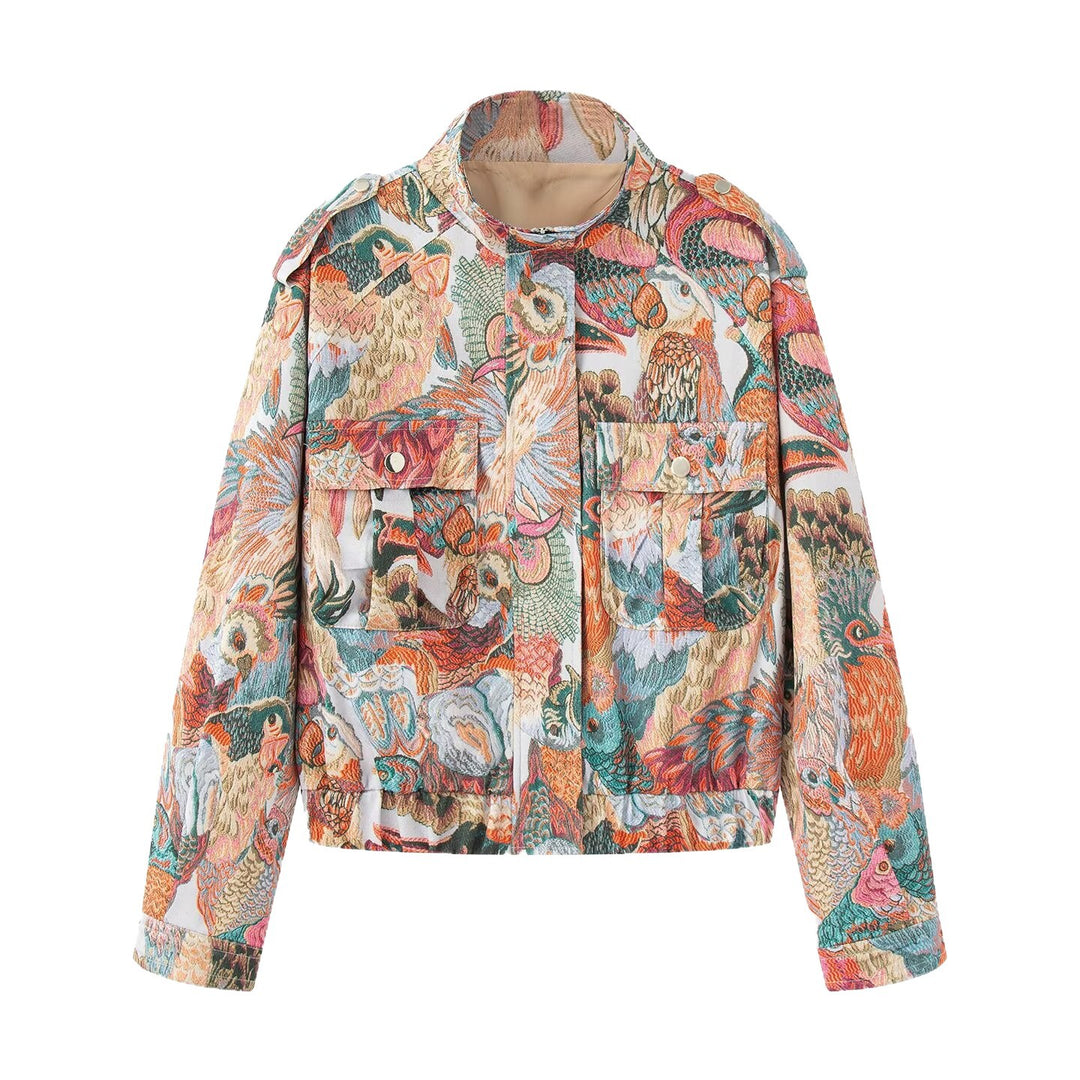 Ladies embroidered bomber jacket with bird motifs and patched pockets Mune Fashion