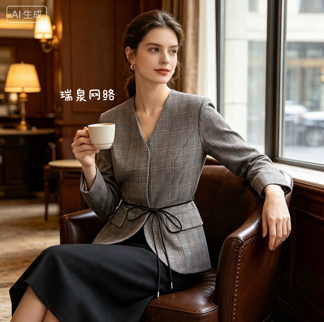 Women Tailored Glencheck Blazer with V-neck and Wrap Belt Mune Fashion