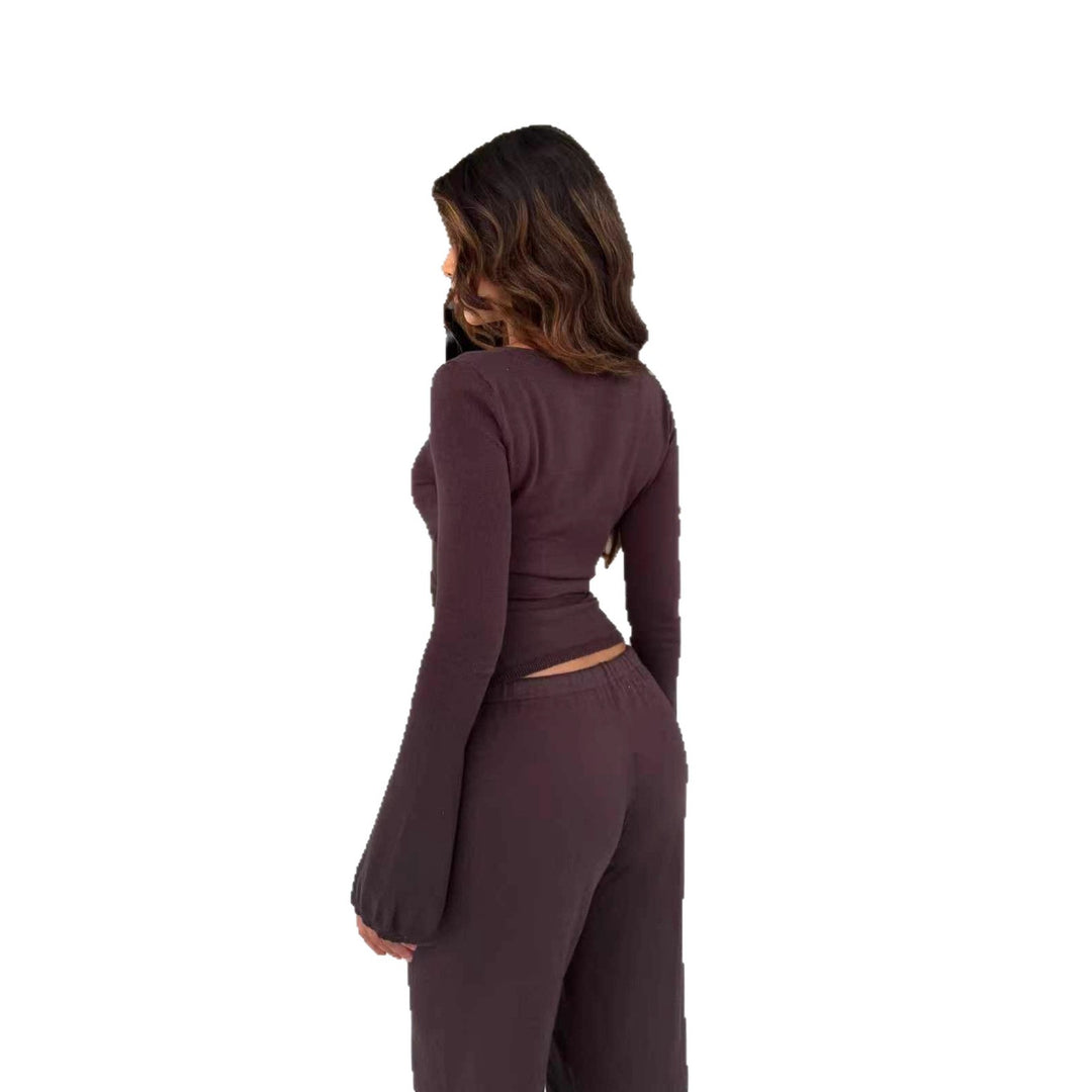 Ladies' fine knit wrap set with deep V-neck, waist tie belt and wide comfort pants Mune Fashion