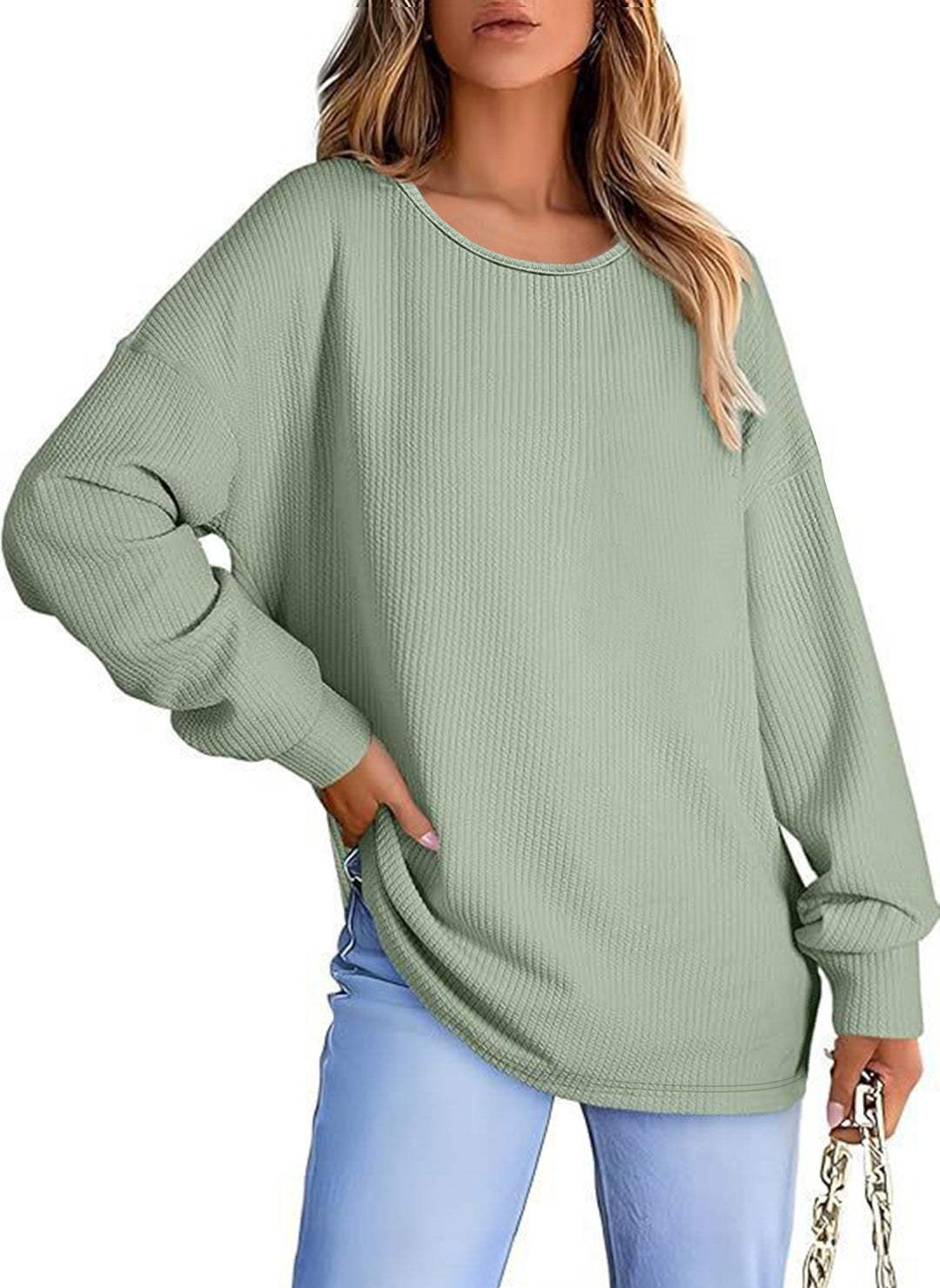 Women's Oversize Waffle Knit Sweater with Round Neck, Balloon Sleeves, and Extended Hem Mune Fashion