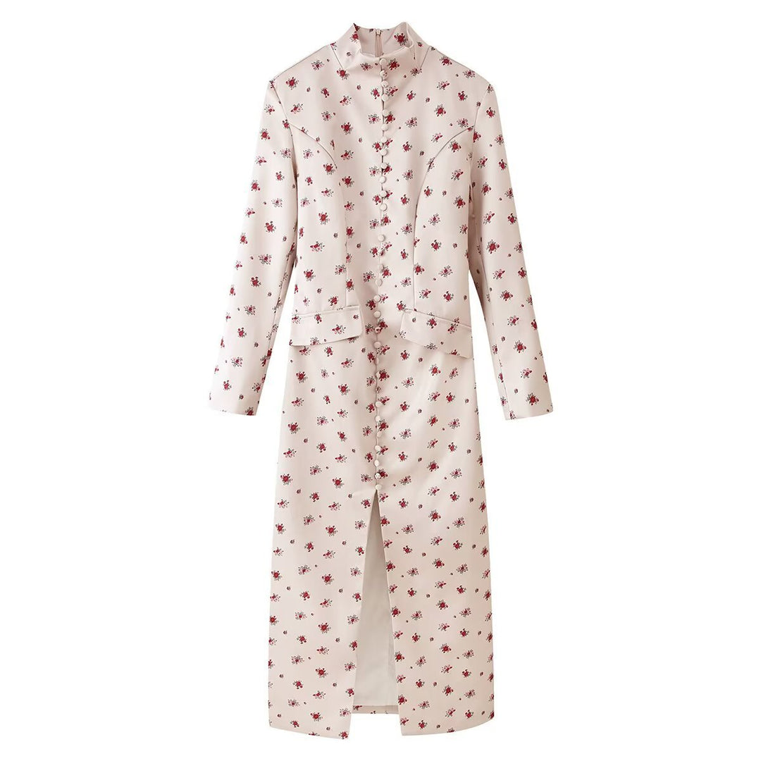 Ladies midi dress with stand-up collar, floral all-over print and concealed button placket Mune Fashion