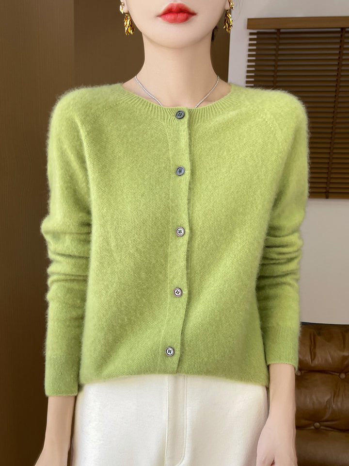 Ladies Cozy Short Cardigan made of Mohair Mix with fine virgin wool texture and mother-of-pearl button placket Mune Fashion