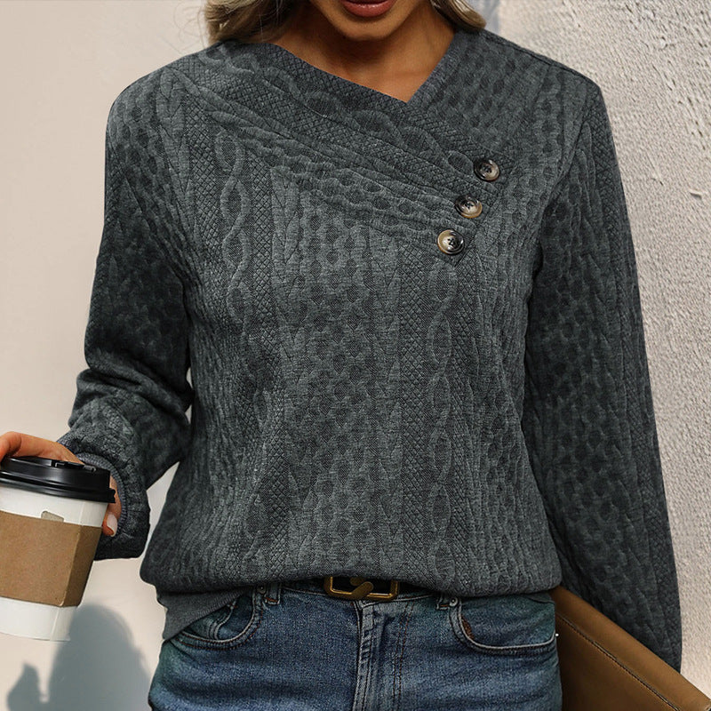 Women's Structured Cable Knit Sweater with Asymmetric Button Placket & Round Neckline Mune Fashion