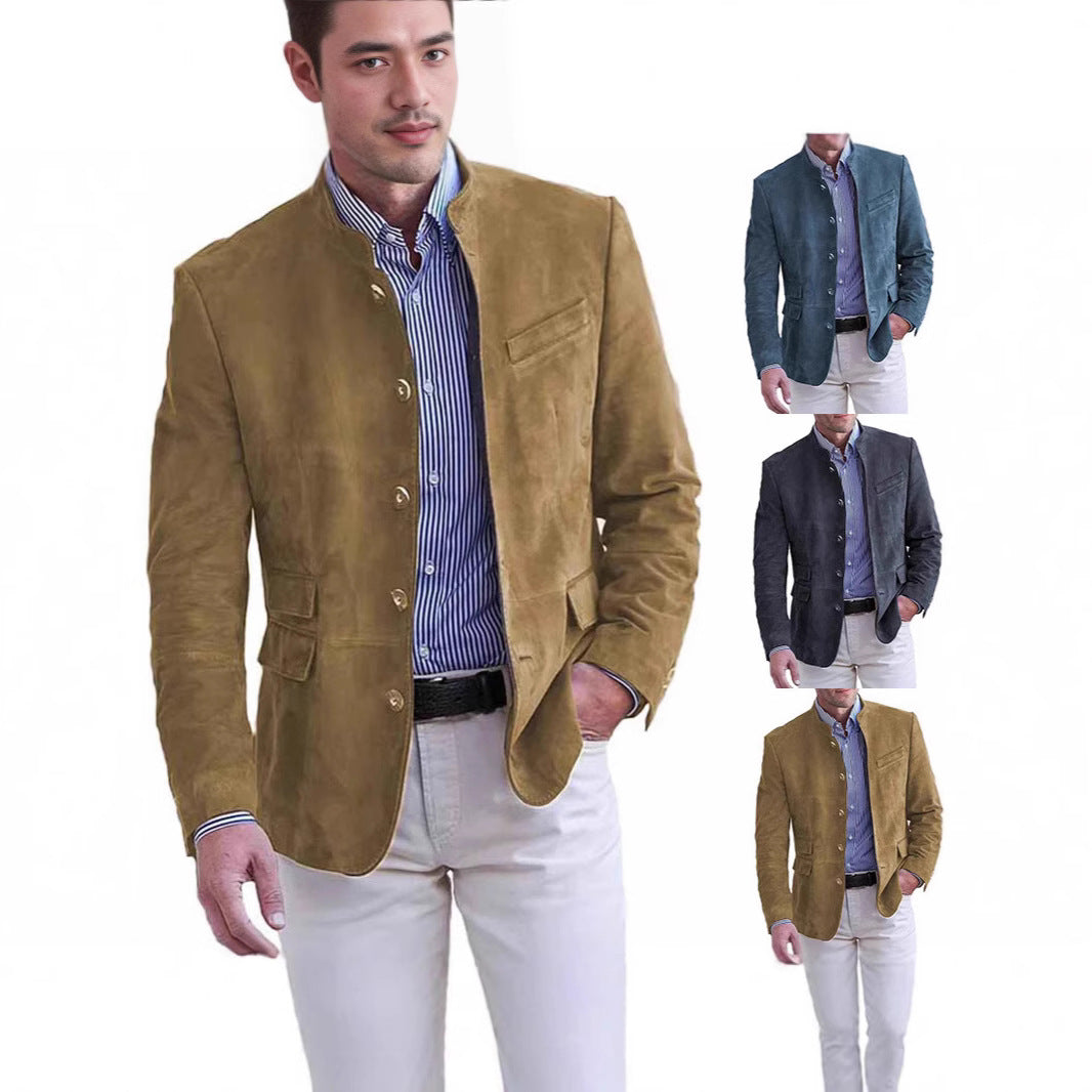 Men's Suede Blazer with Stand-up Collar and Flap Pockets Mune Fashion