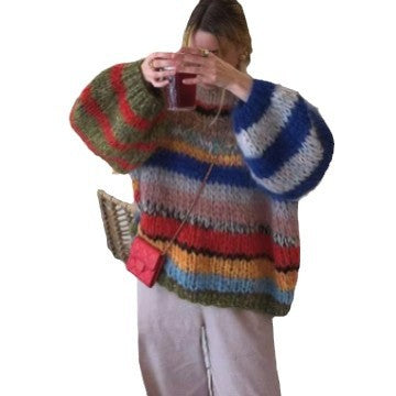 Women's Cozy Knit Sweater with Flared Sleeves and Colorful Stripe Pattern Mune