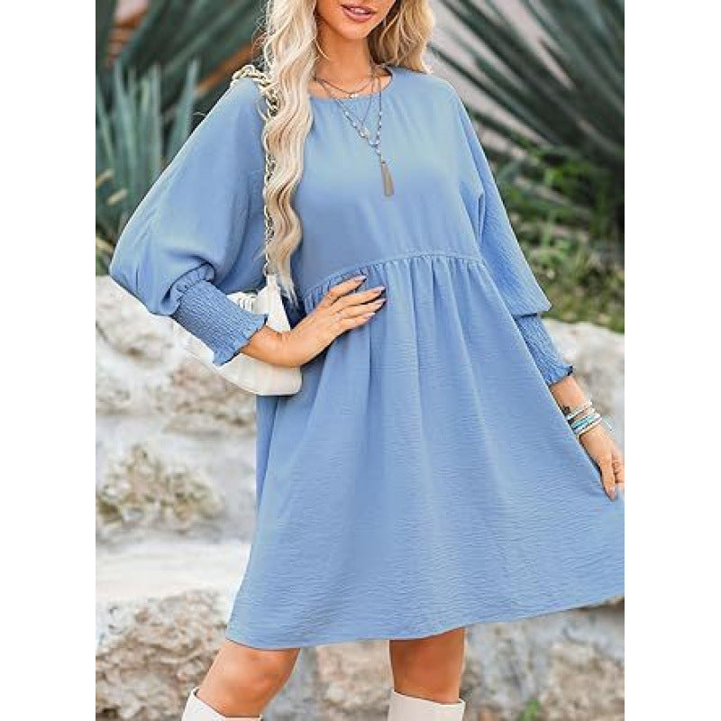 Women's Loose Babydoll Dress with Balloon Sleeves and Gathered Waist Mune Fashion