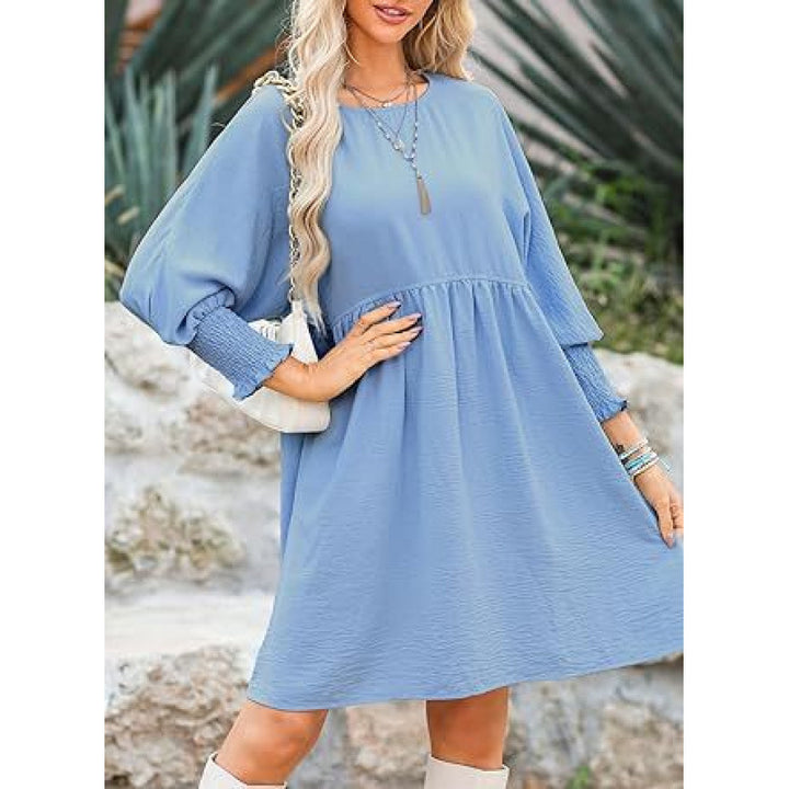 Women's Loose Babydoll Dress with Balloon Sleeves and Gathered Waist Mune Fashion