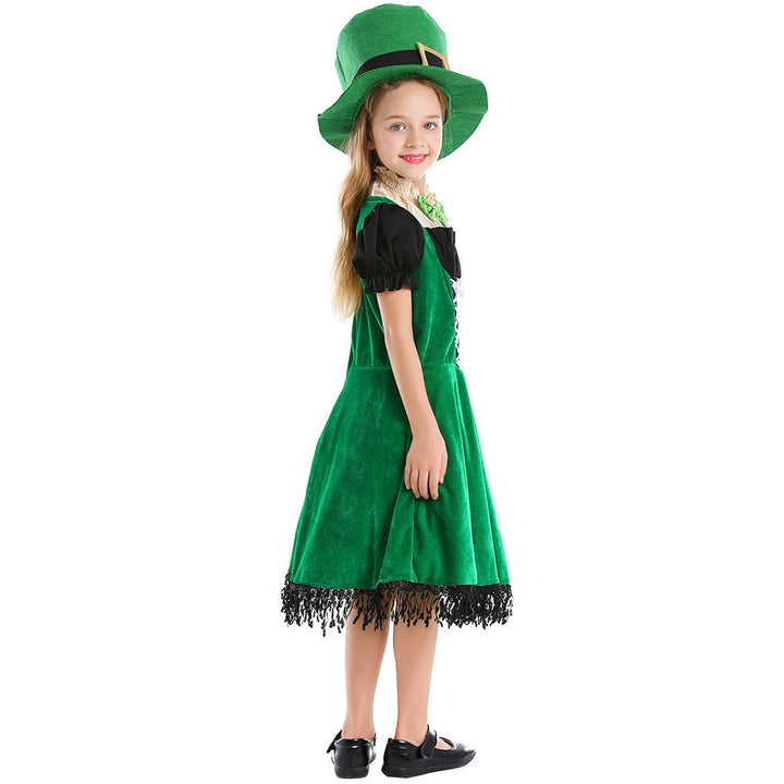 Girl Leprechaun Costume with Green Hat and Fringe Mune Fashion