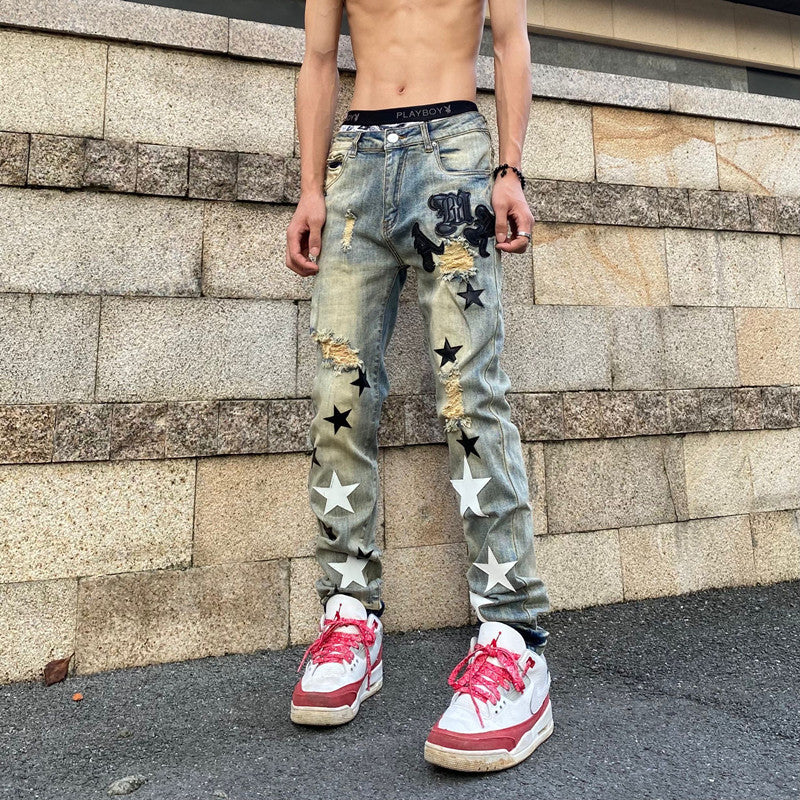 Men's Fashion Destroyed Jeans with Star Applications Mune Fashion