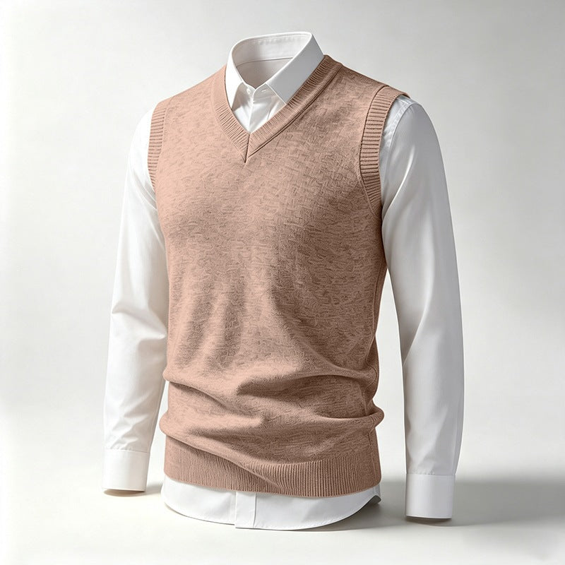 Men's Sleeveless Fine Knit V-Neck Vest with Ribbed Hem Mune Fashion