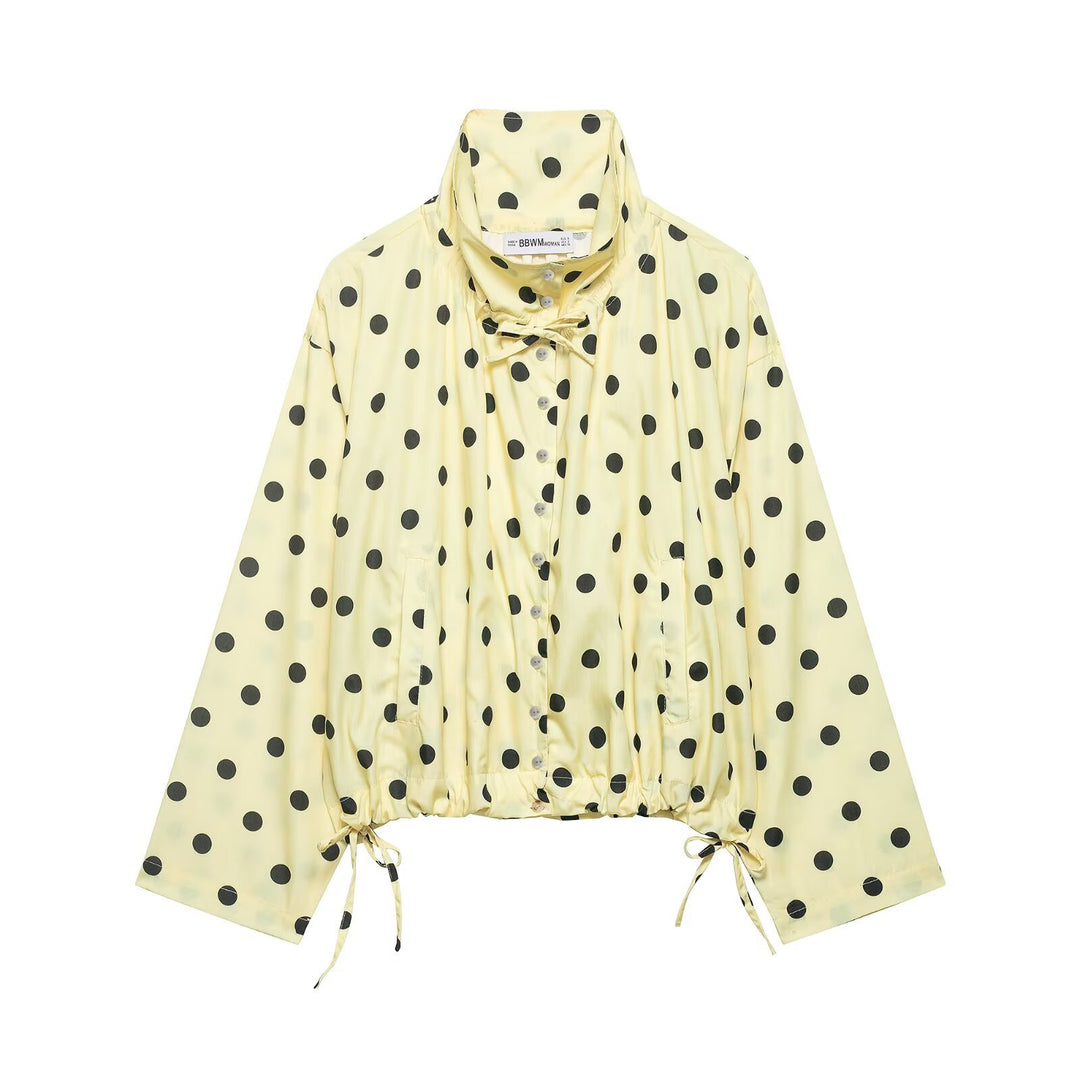 Women Lightweight Oversized Polka Dot Windbreaker with Stand-up Collar, Button Placket and Drawstring Mune Fashion
