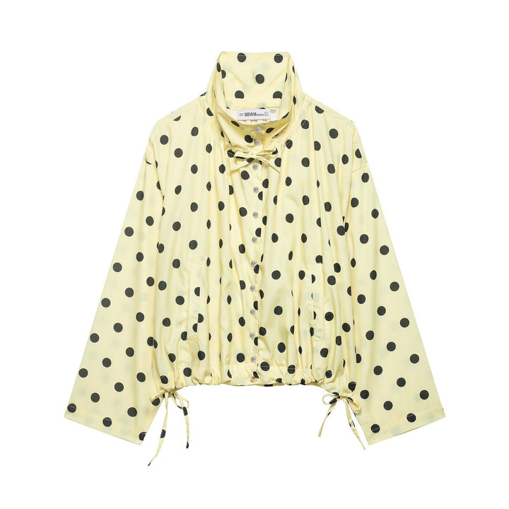 Women Lightweight Oversized Polka Dot Windbreaker with Stand-up Collar, Button Placket and Drawstring Mune Fashion