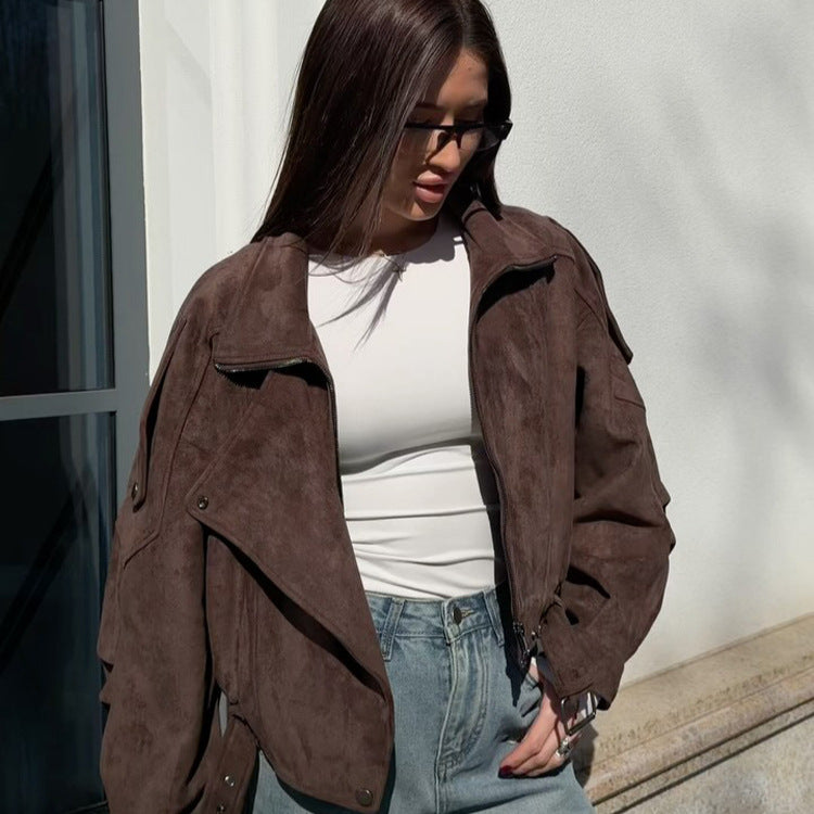 Ladies short-cut suede bomber jacket with belt & oversized sleeves Mune Fashion