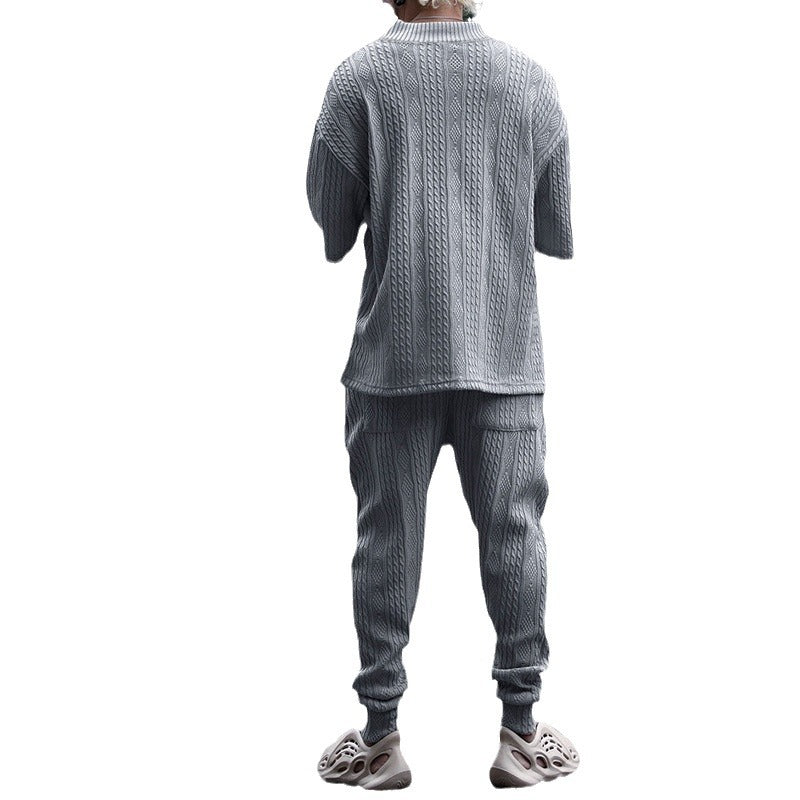 Men's casual knit set with V-neck and drawstring jogger pants Mune Fashion