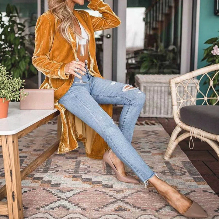 Women Elegant Velour Jacket with High Collar Mune Fashion