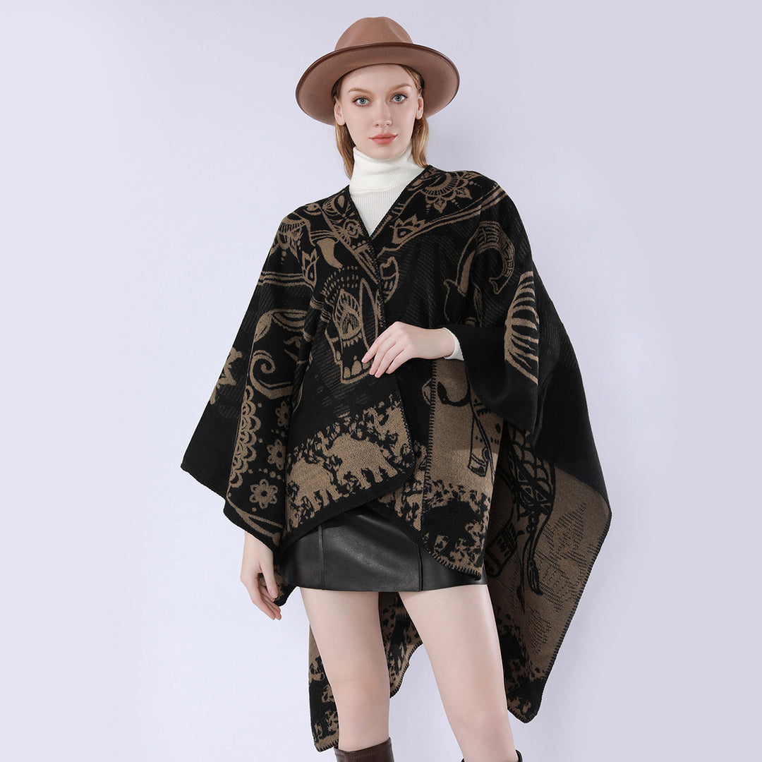 Women's jacquard kimono cape made of wool blend with ornamental animal motifs Mune Fashion