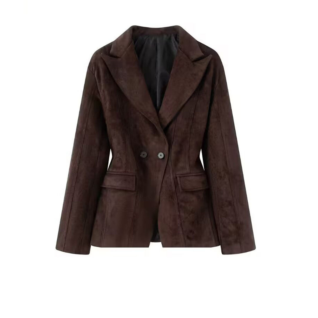 Women's Tailored Suede Blazer with Notched Collar and Flap Pockets Mune Fashion