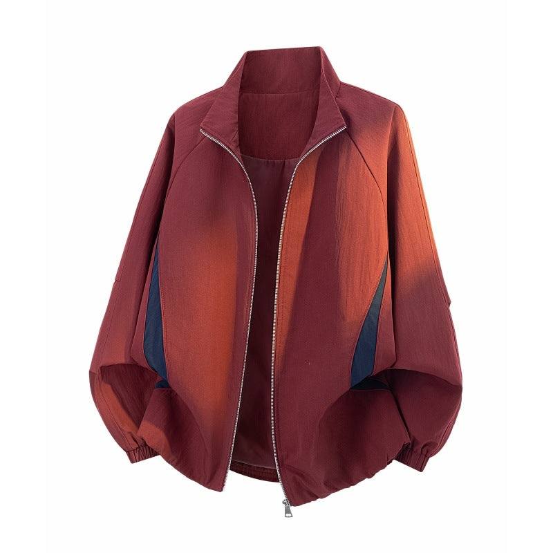 Women Lightweight Oversized Transitional Jacket with Raglan Sleeves, Zipper and Contrast Inserts Mune Fashion