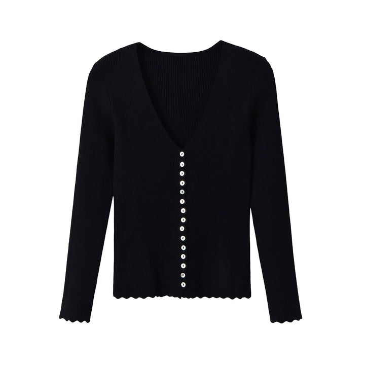 Women's Ribbed Button Cardigan with Deep V-Neck and Wavy Hem Mune Fashion