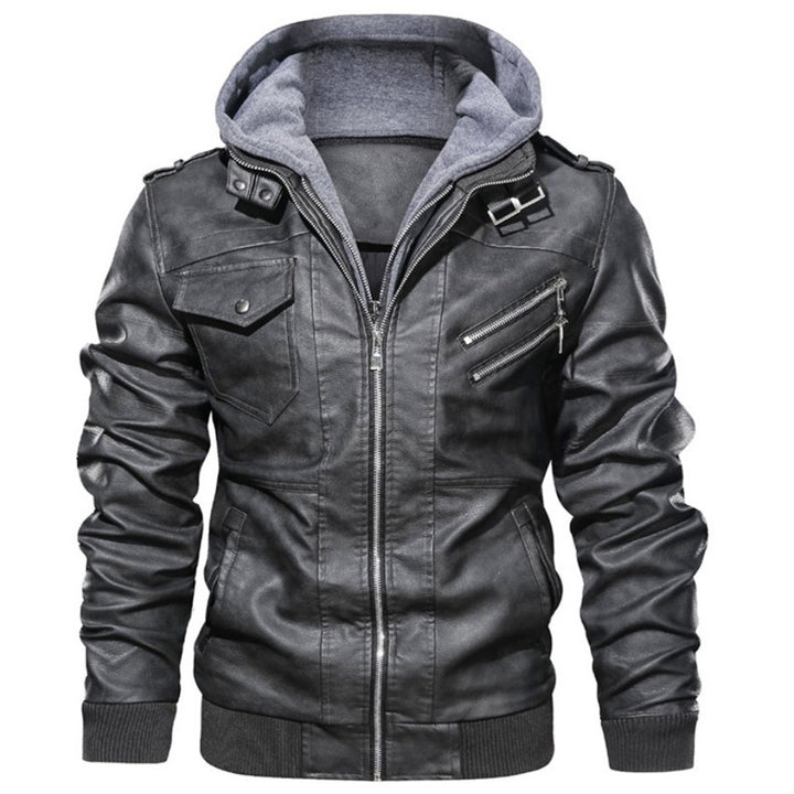 Men's Fashion Faux Leather Jacket with Removable Hood Mune Fashion 1788417814