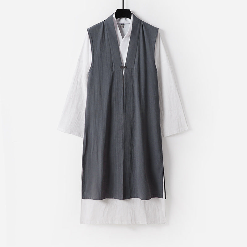 Ladies Long Sleeveless Kimono Vest with Minimalist Lines and Decorative Toggle Closure Mune Fashion