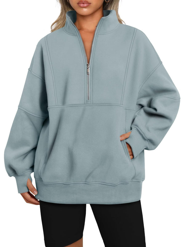 Women's Oversized Sweatshirt with Half Zipper, Stand-Up Collar and Kangaroo Pocket Mune Fashion