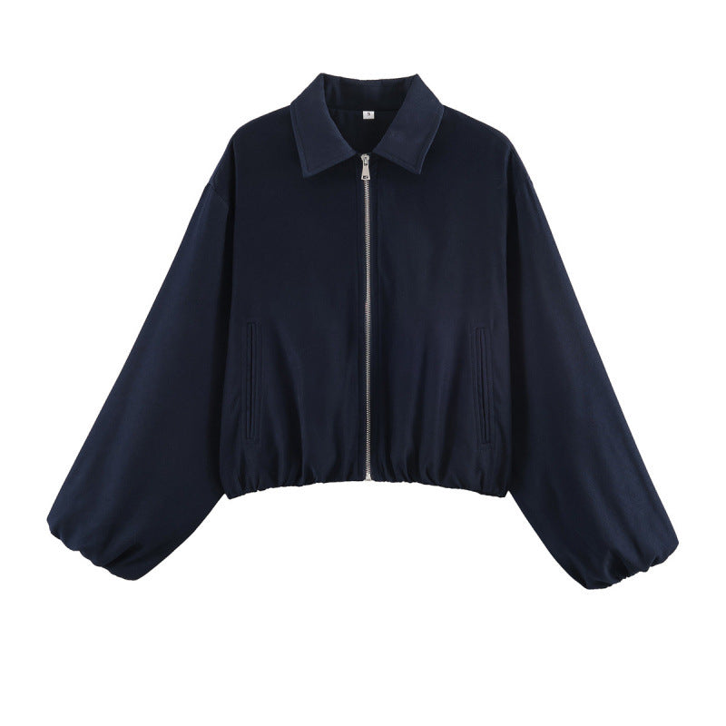 Women Polka Dot Cropped Bomber Jacket in Retro Look with Shirt Collar and Elastic Hem Mune Fashion