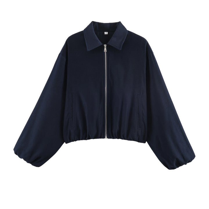 Women Polka Dot Cropped Bomber Jacket in Retro Look with Shirt Collar and Elastic Hem Mune Fashion