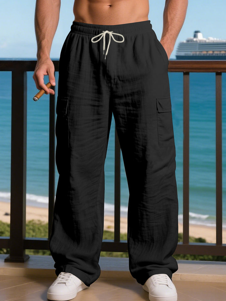 Men's Loose Linen Cargo Casual Pants with Drawstring Waist and Side Patch Pockets Mune Fashion