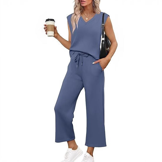 Women Casual Two-Piece Lounge Set with Sleeveless V-Neck Top and Wide Drawstring Pants Mune Fashion