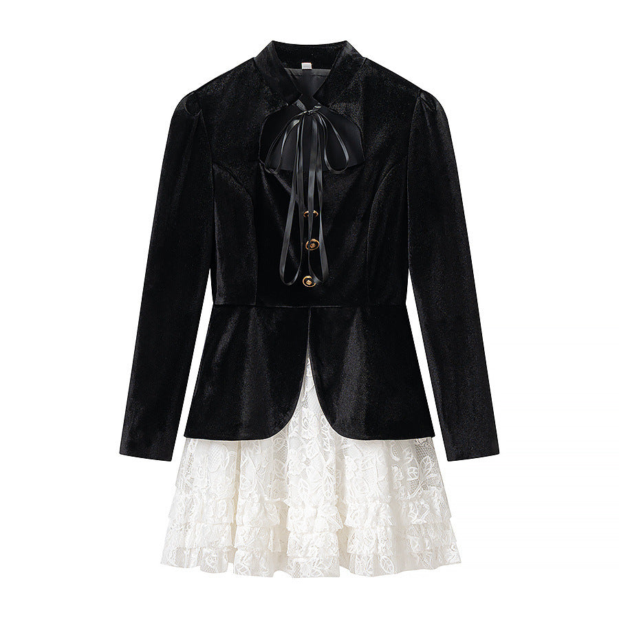 Women's Velvet Mini Dress with Bow Collar, Decorative Button Placket and Layered Lace Skirt Mune Fashion