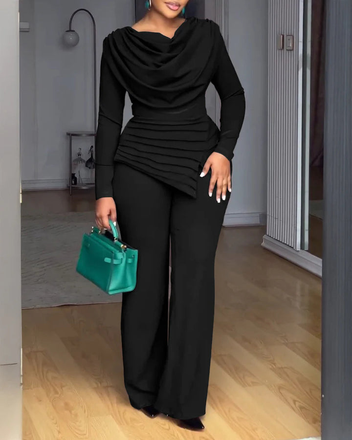 Women's Two-Piece Set with Waterfall Draped Top, Tiered Peplum and Straight Pleated Trousers Drune