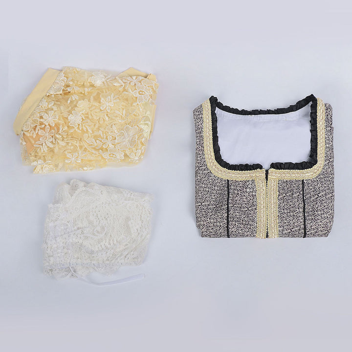 Women's Boucle Top with Square Neck Gold Trim and Ruffle Edge Mune Fashion