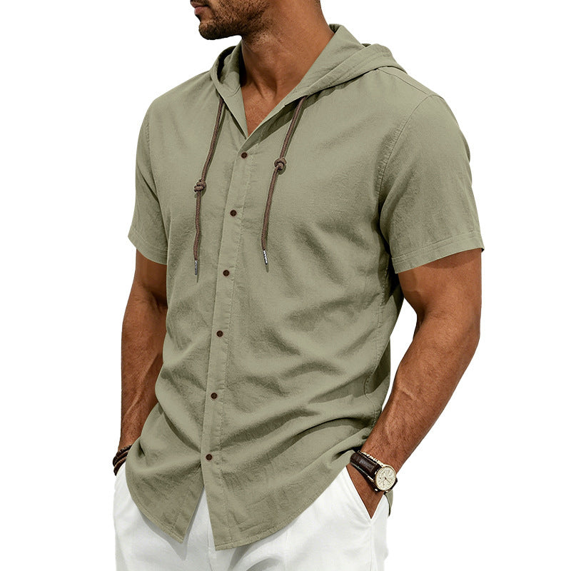 Men's short-sleeve hooded shirt in linen look with button placket and drawstring Mune Fashion