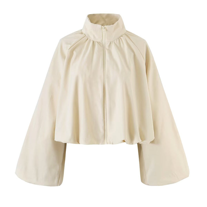 Women Short Cape-Blouson with Stand-Up Collar, Wide Trumpet Sleeves and Zipper
